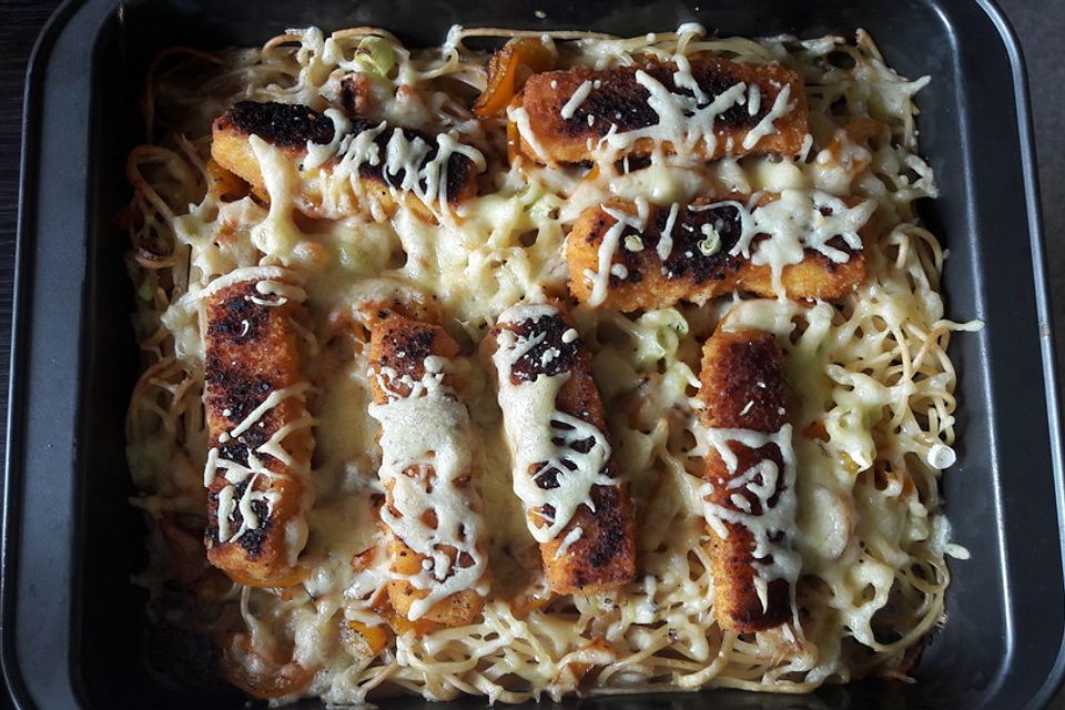 Fischstäbchen - Spaghetti - Auflauf