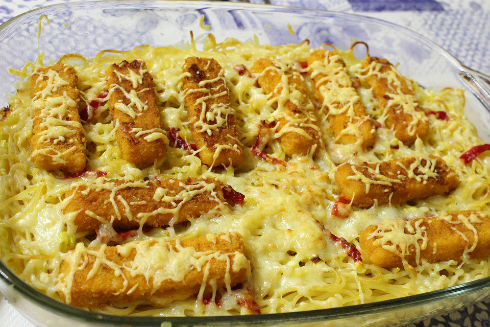 Fischstäbchen - Spaghetti - Auflauf