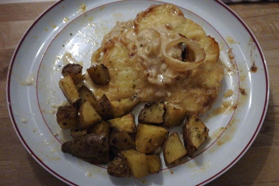 Überbackene Zwiebel-Sahne-Schnitzel