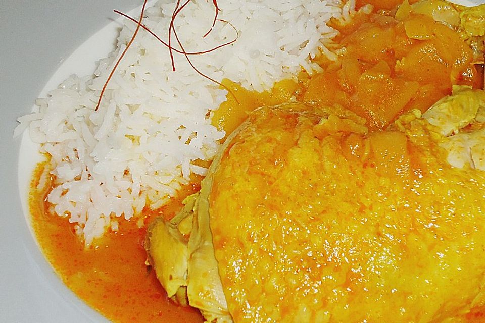 Hähnchenkeulen mit Curry-Apfelsoße