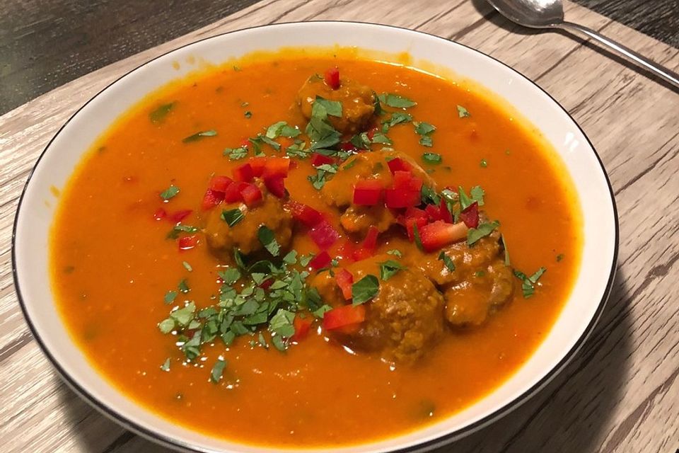 Feurige Tomatensuppe mit Hackbällchen