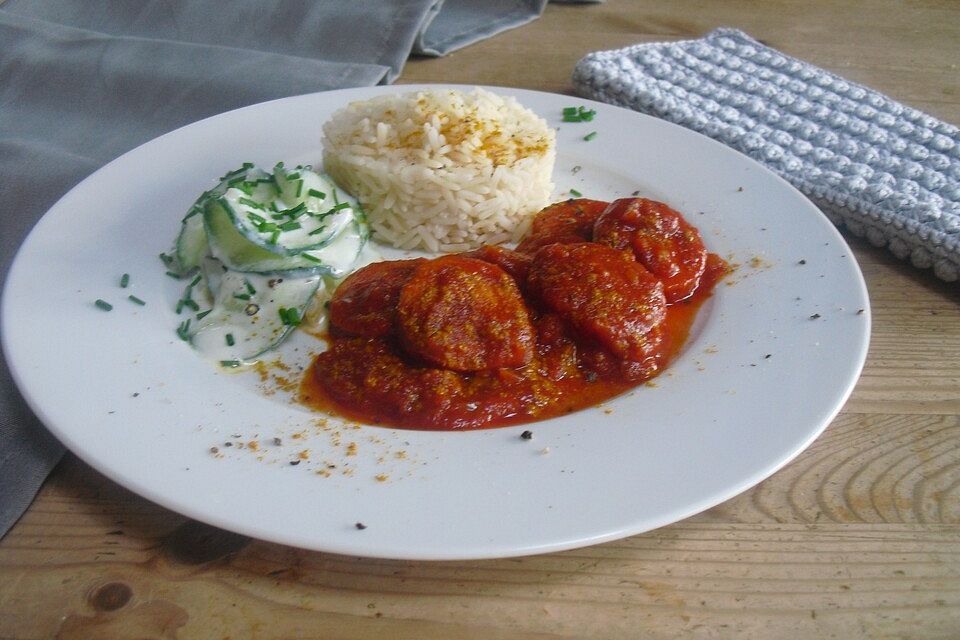 Currywurstpfanne mit Gurkensalat