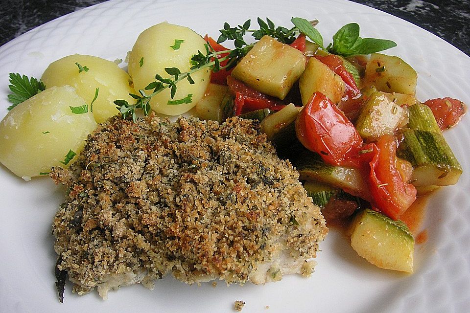 Kräuterfisch mit lauwarmem Gemüsesalat