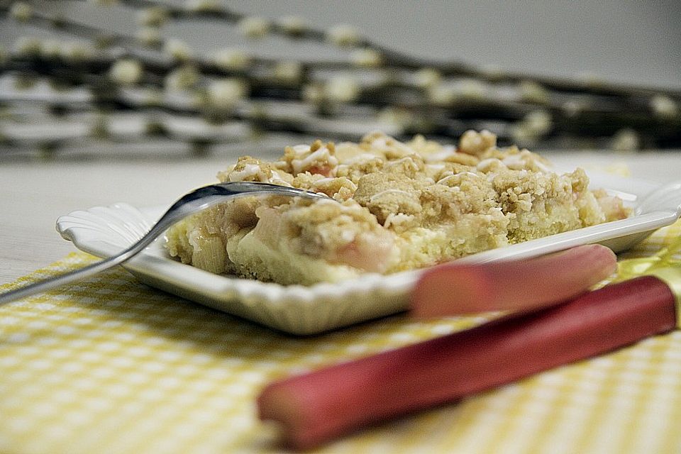 Rhabarber - Streuselkuchen mit Vanillepudding