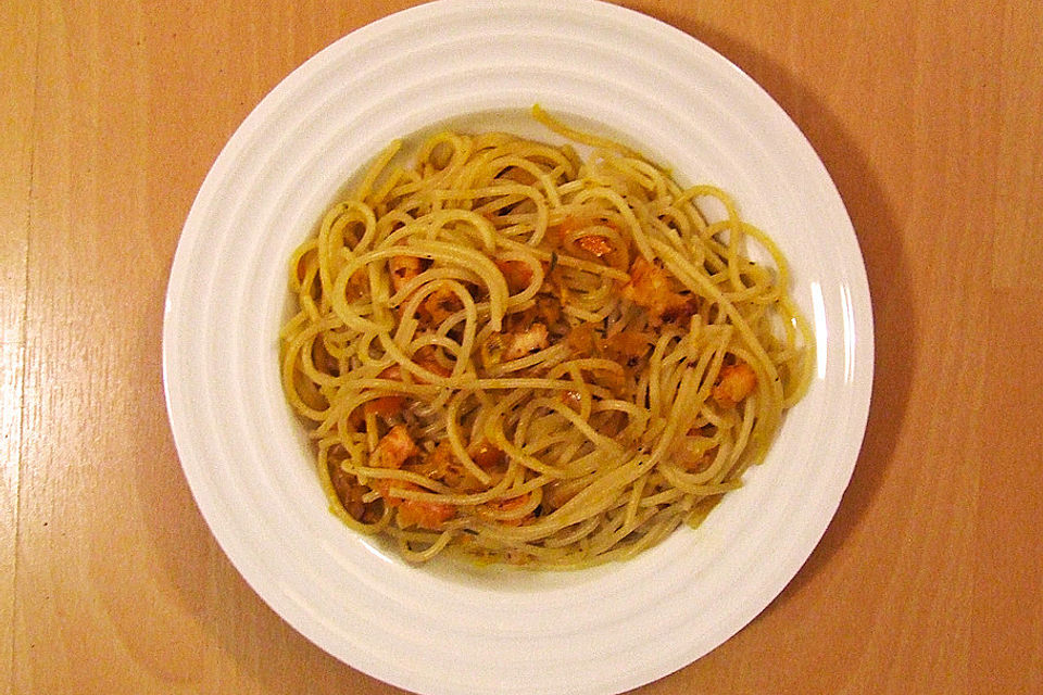 Spaghetti mit Orangen - Shrimpssoße