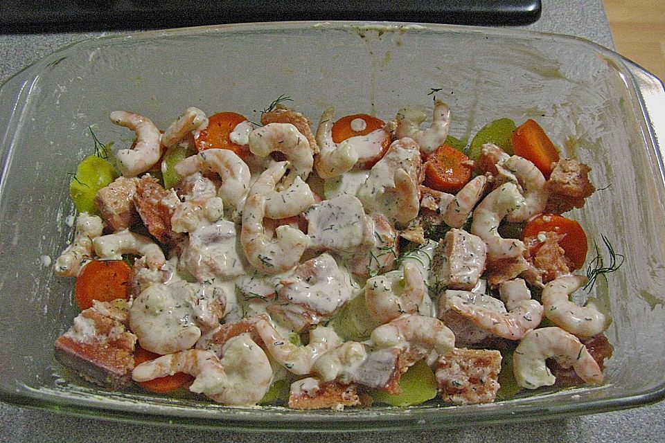 Kartoffel-Karottenauflauf mit Shrimps