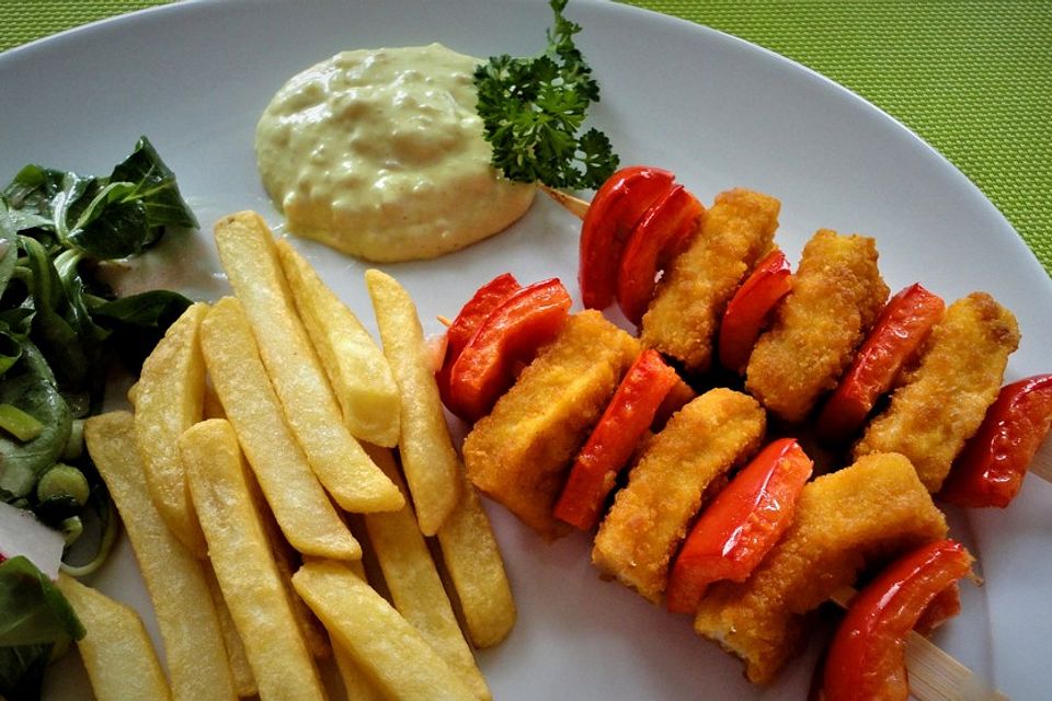 Fischstäbchen Schaschlik mit Pommes