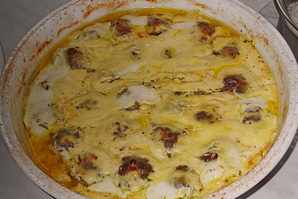 Fleischbällchen gratiniert in Joghurtsauce