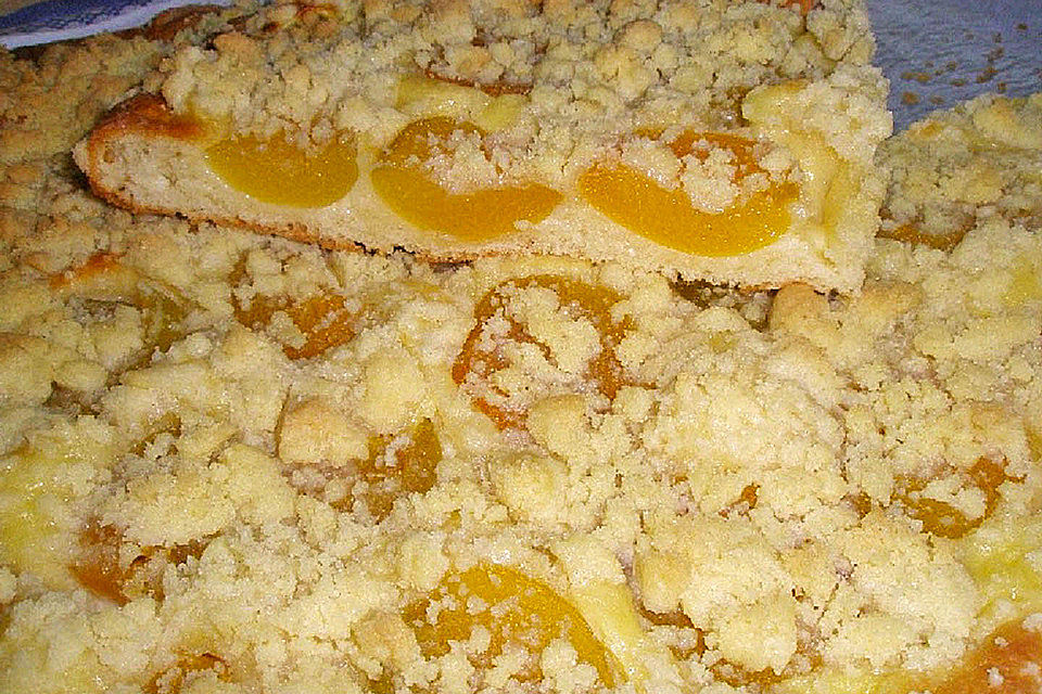 Aprikosen-Vanillecreme-Streusel Blechkuchen