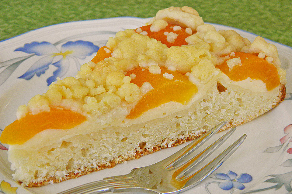 Aprikosen-Vanillecreme-Streusel Blechkuchen