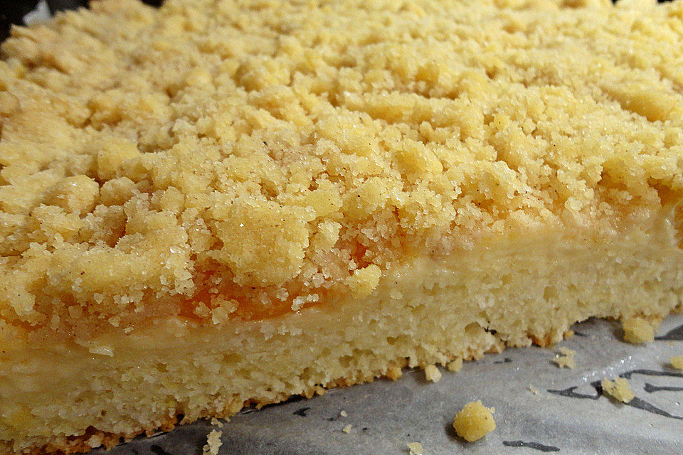 Aprikosen-Vanillecreme-Streusel Blechkuchen