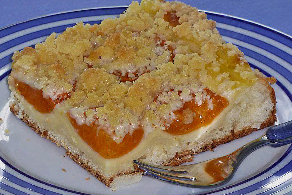 Aprikosen-Vanillecreme-Streusel Blechkuchen