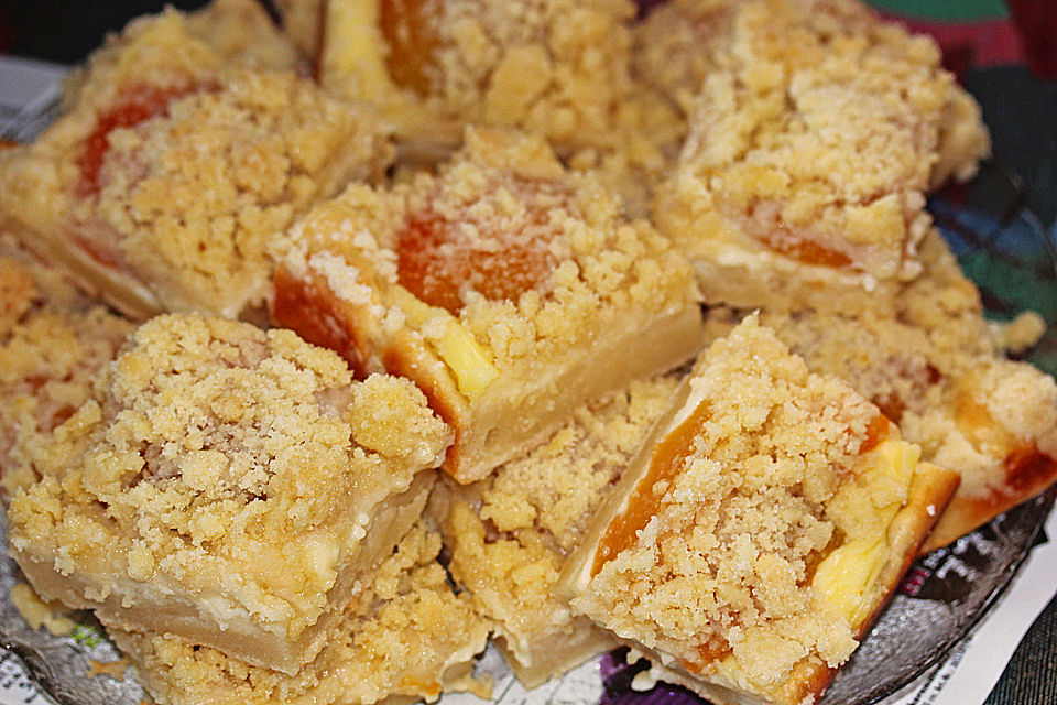 Aprikosen-Vanillecreme-Streusel Blechkuchen