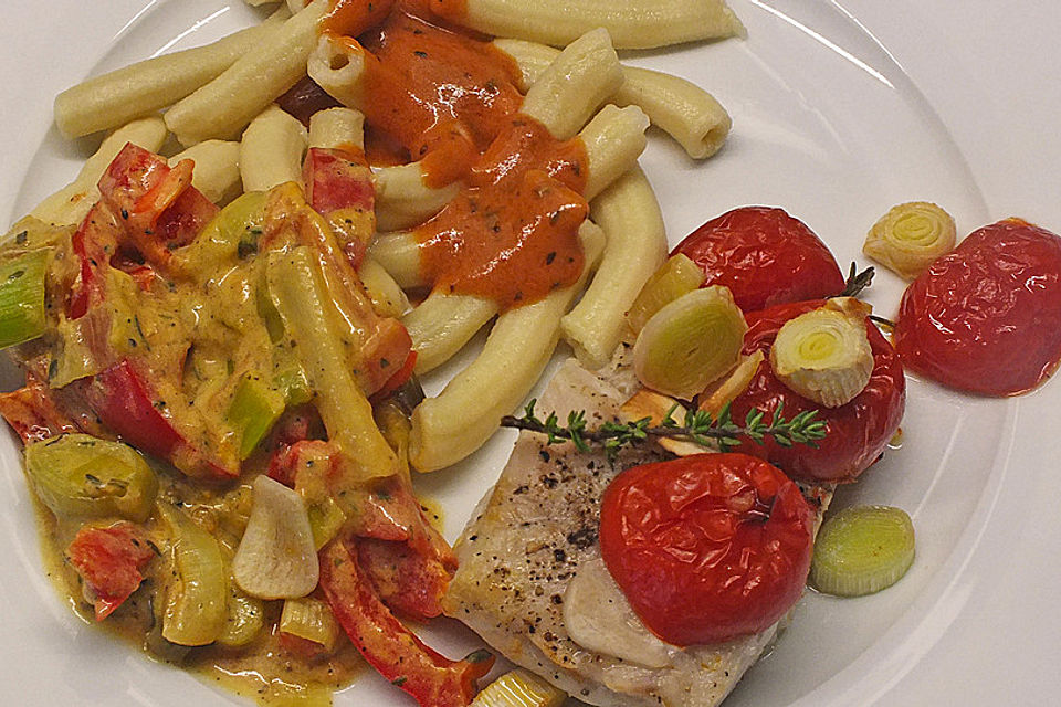 Fisch-Gemüsegeschnetzeltes auf Pasta