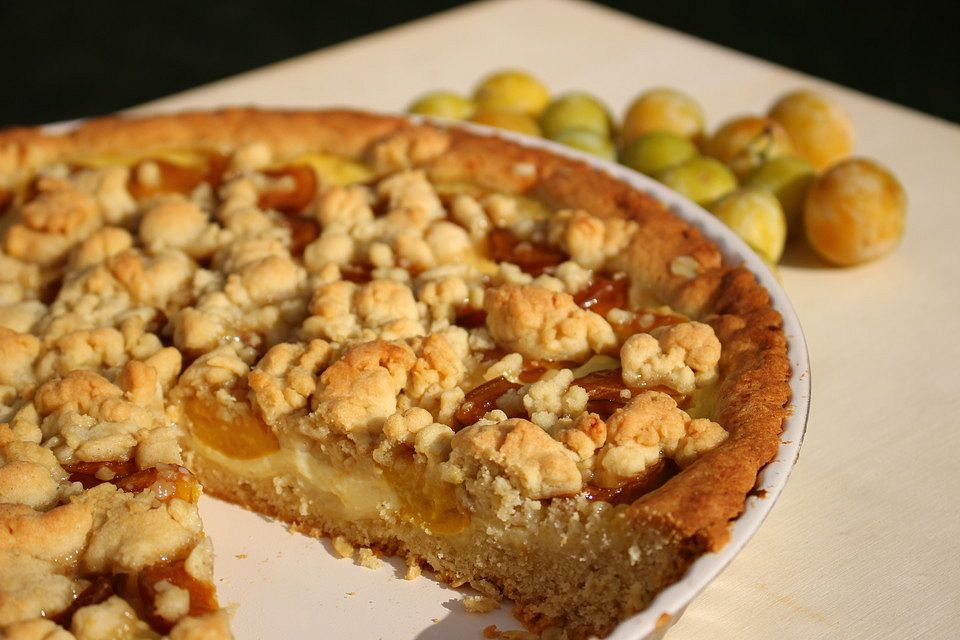 Mirabellenkuchen mit Vanillepudding