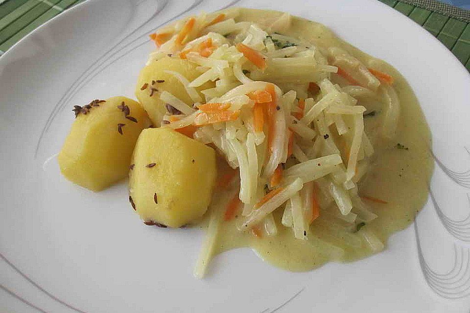 Kohlrabi-Julienne an Kümmelkartoffeln