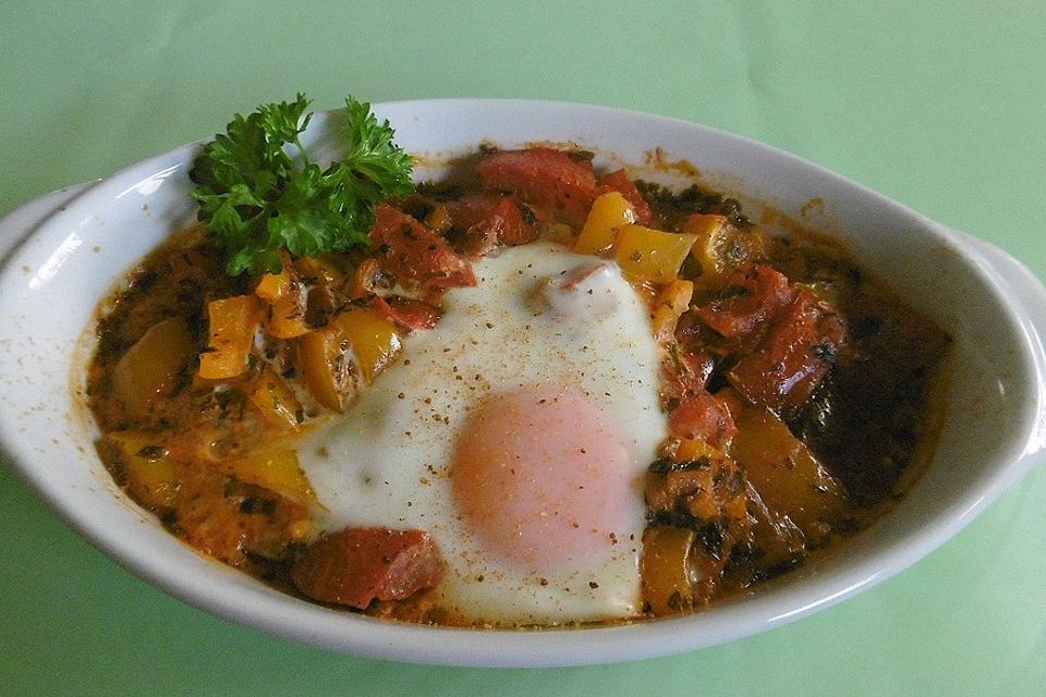 Eier in Paprika-Tomatensacue