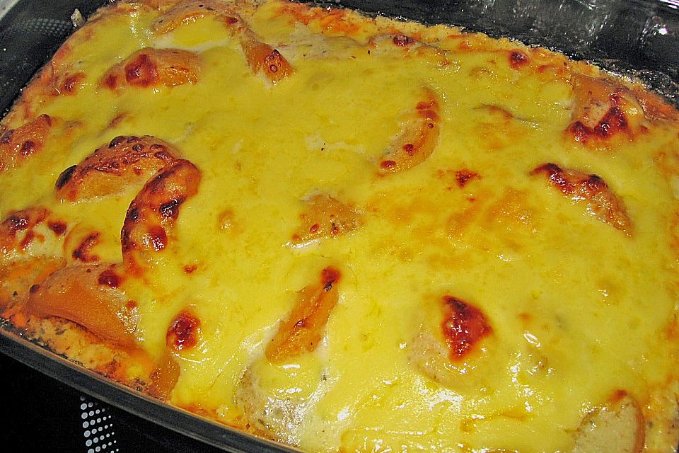 Pfirsich - Gratin mit Schweinefilet