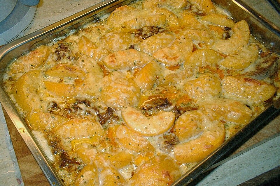 Pfirsich - Gratin mit Schweinefilet