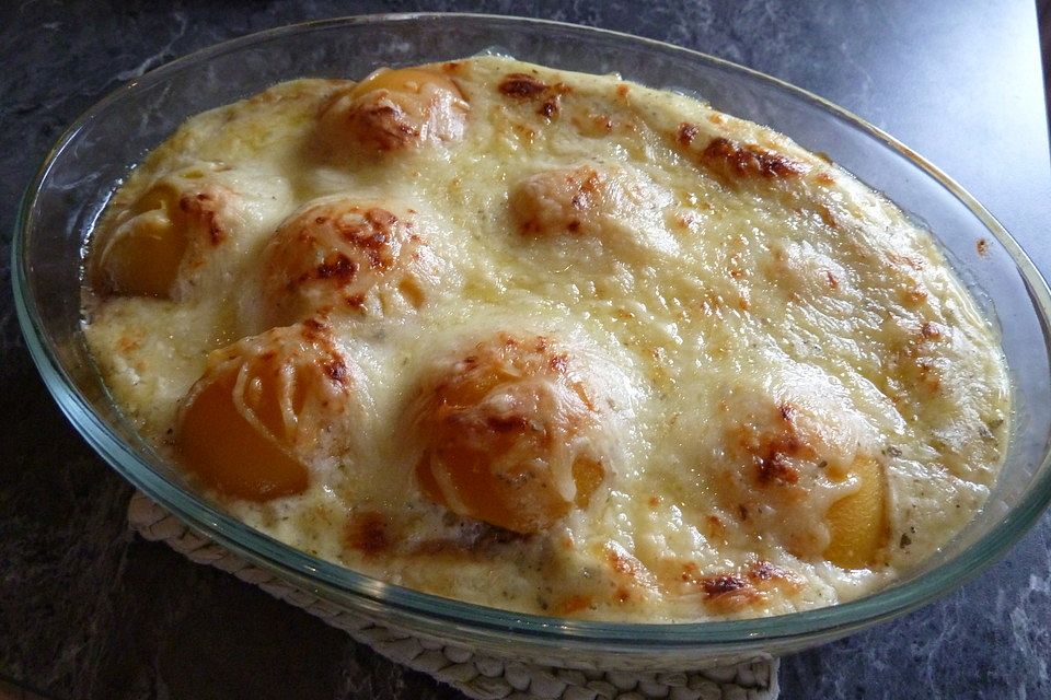 Pfirsich - Gratin mit Schweinefilet