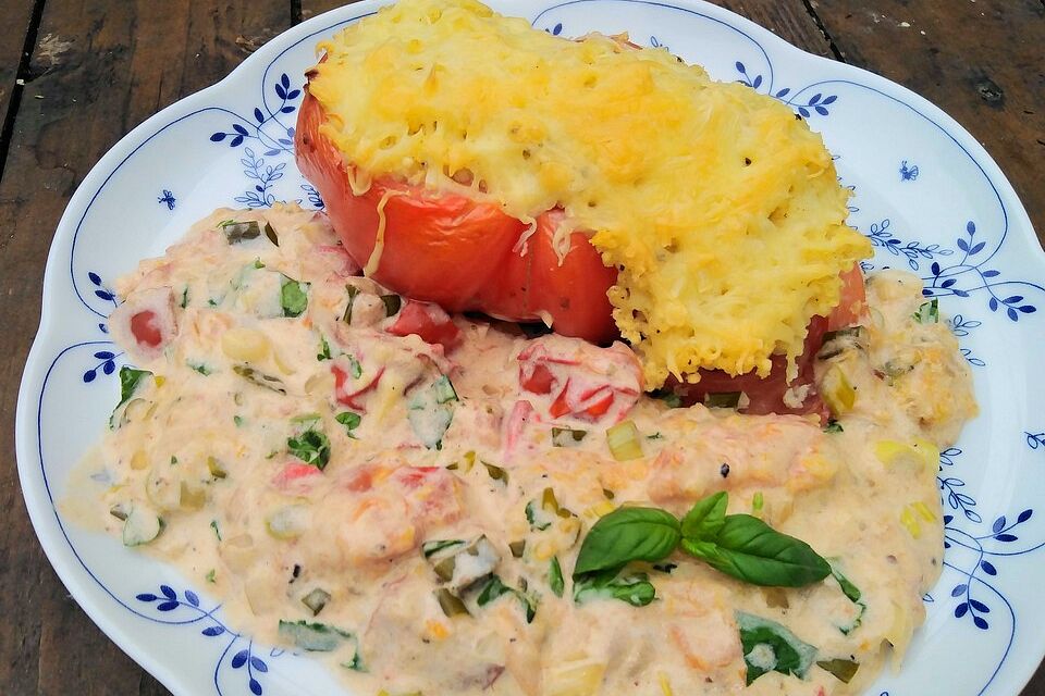 Überbackene Käse-Hirse-Tomaten