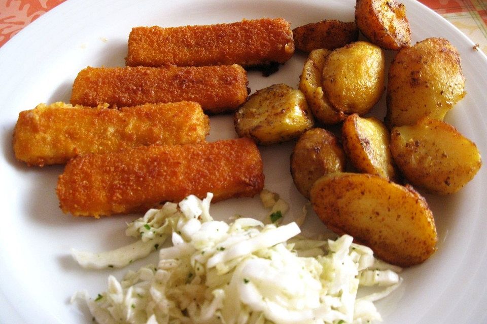 Viktoriaseebarschfilet-Fischstäbchen mit Würzkartoffeln