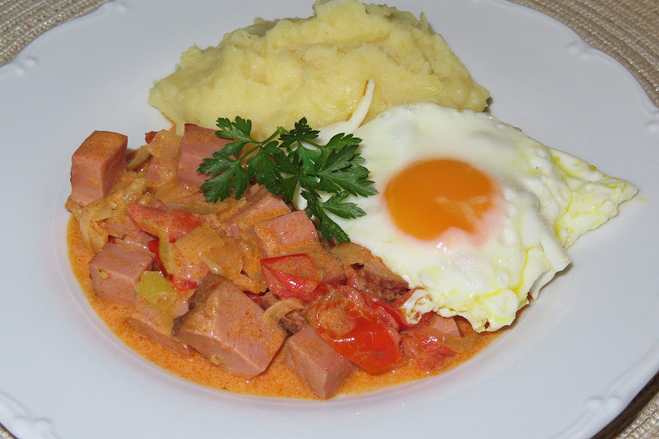 Fleischkäse - Ragout mit Spiegelei