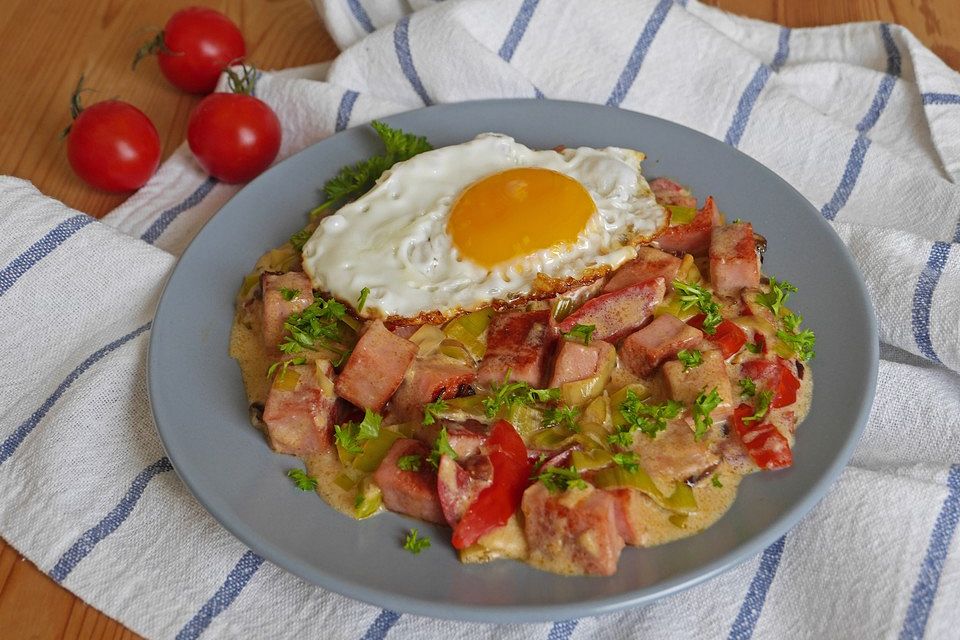 Fleischkäse - Ragout mit Spiegelei