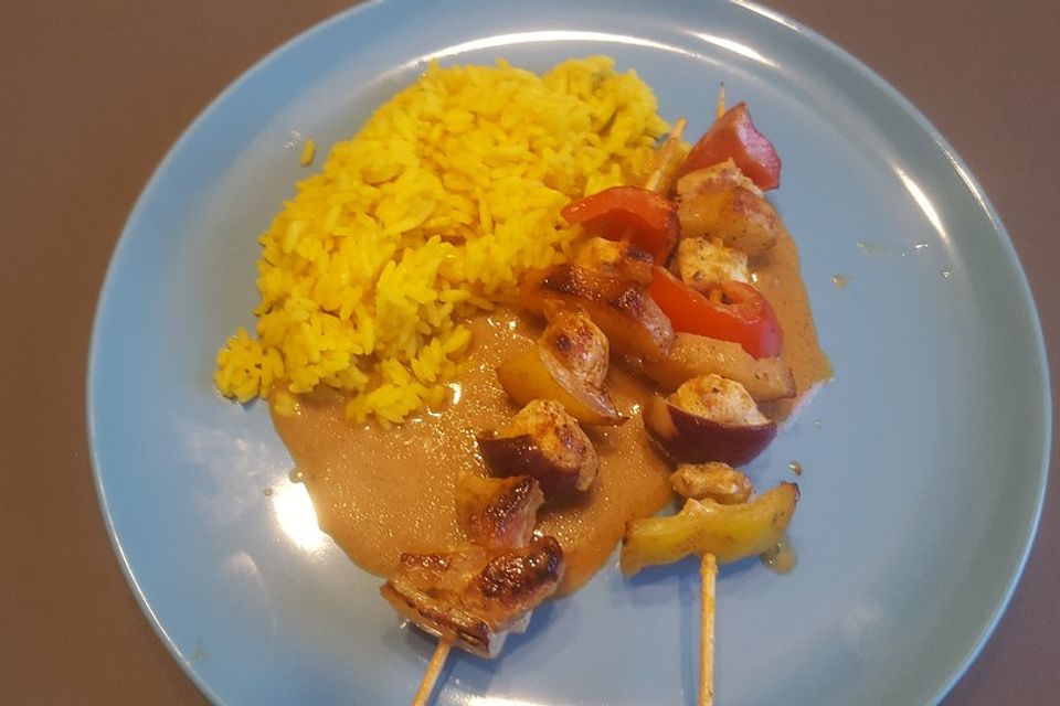 Curry - Putenspieße mit Kurkumareis