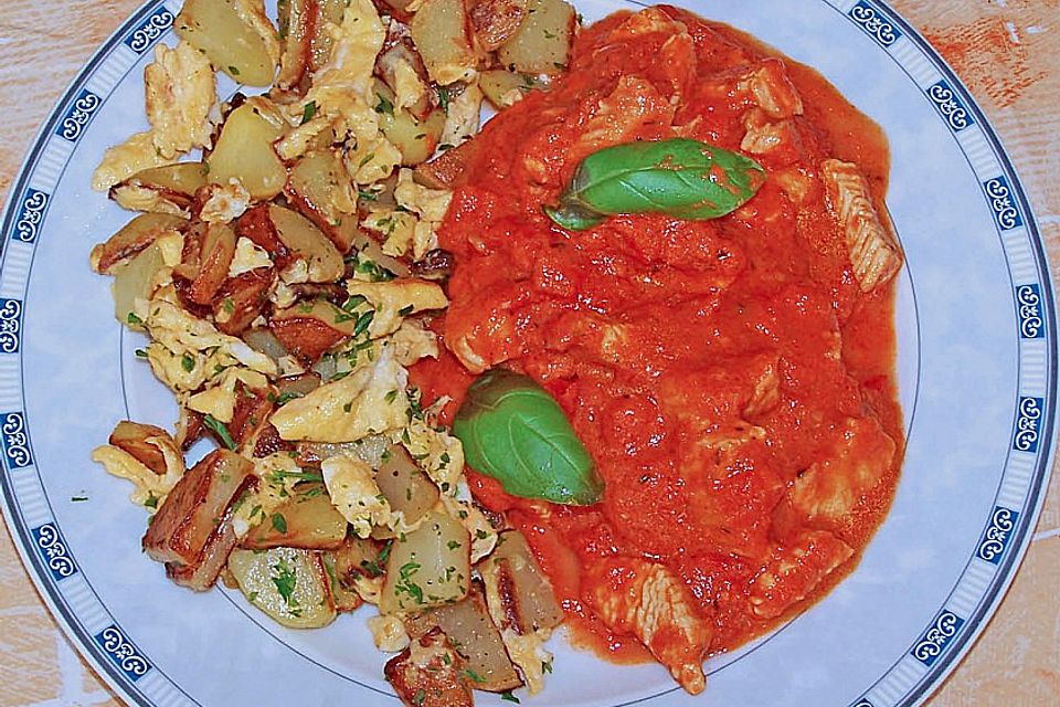 Feuriges Tomatengeschnetzeltes mit Bratkartoffeln