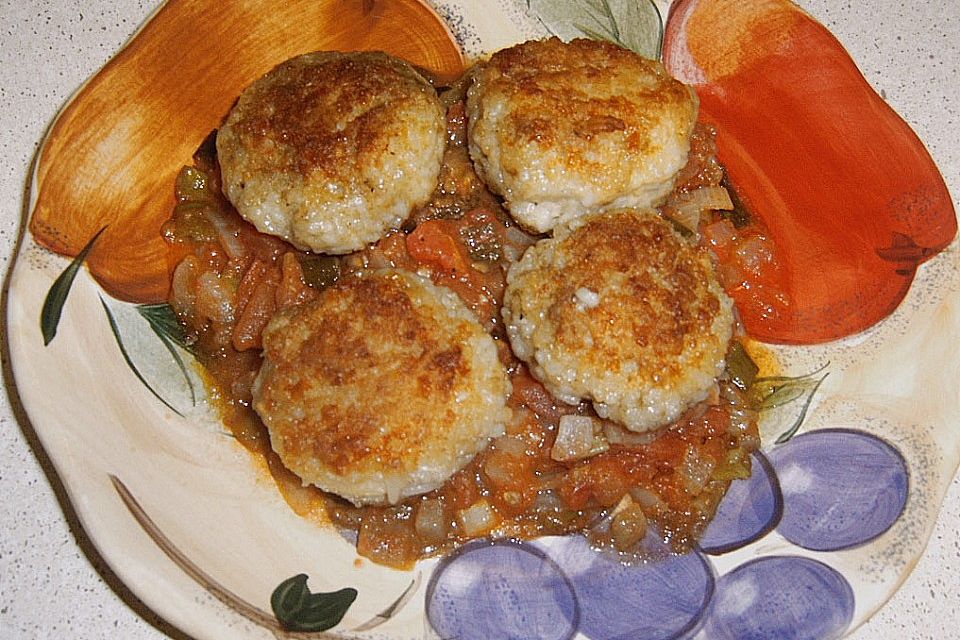 Reisbällchen auf Tomatengemüse