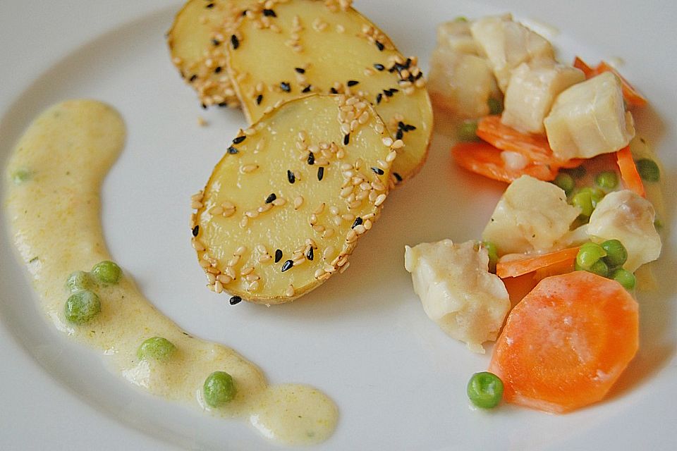 Sesamkartoffeln mit Kabeljau - Sauce