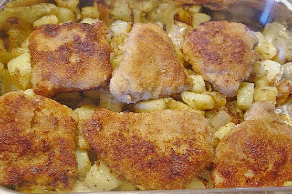 Bratkartoffelauflauf mit Schnitzel