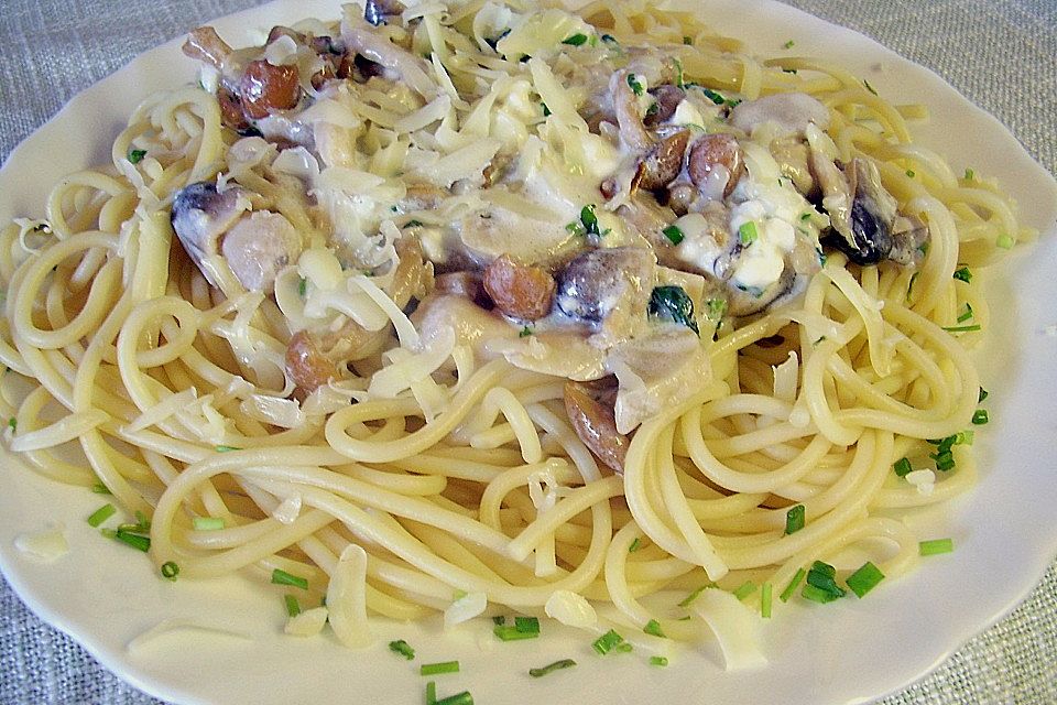 Champignons auf Spaghetti